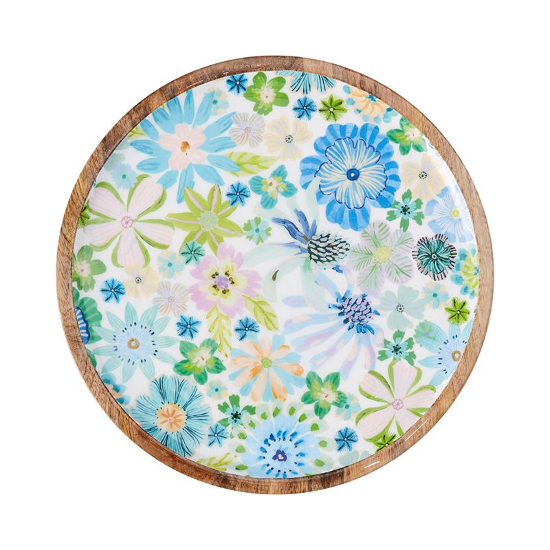 Sia Floral White Timber Round Flat Tray
