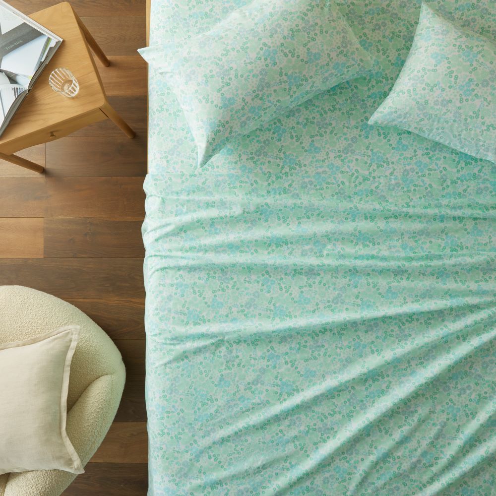 Blue Floral Printed Percale Sheet Set