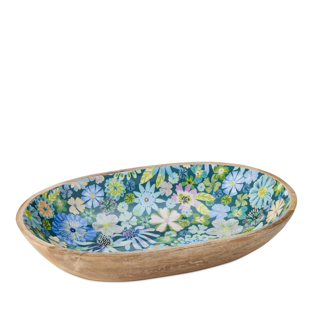 Sia Floral Green Timber Oval Serving Bowl