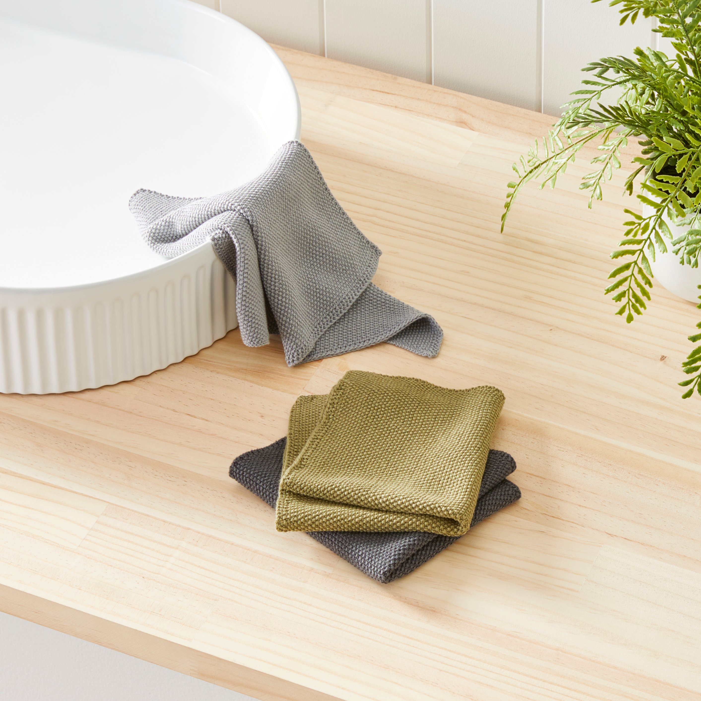 Leda Fern Grey Bamboo Cotton Dishcloth Pack of 3
