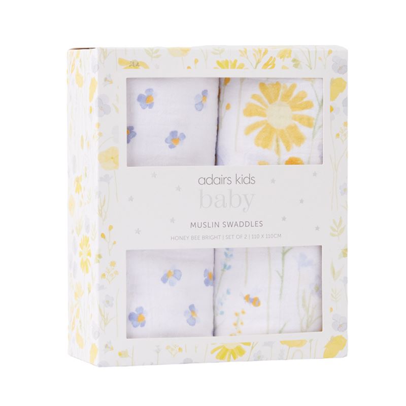 Honey Bee Bright Lemon Cotton Muslin Baby Swaddles 2pk