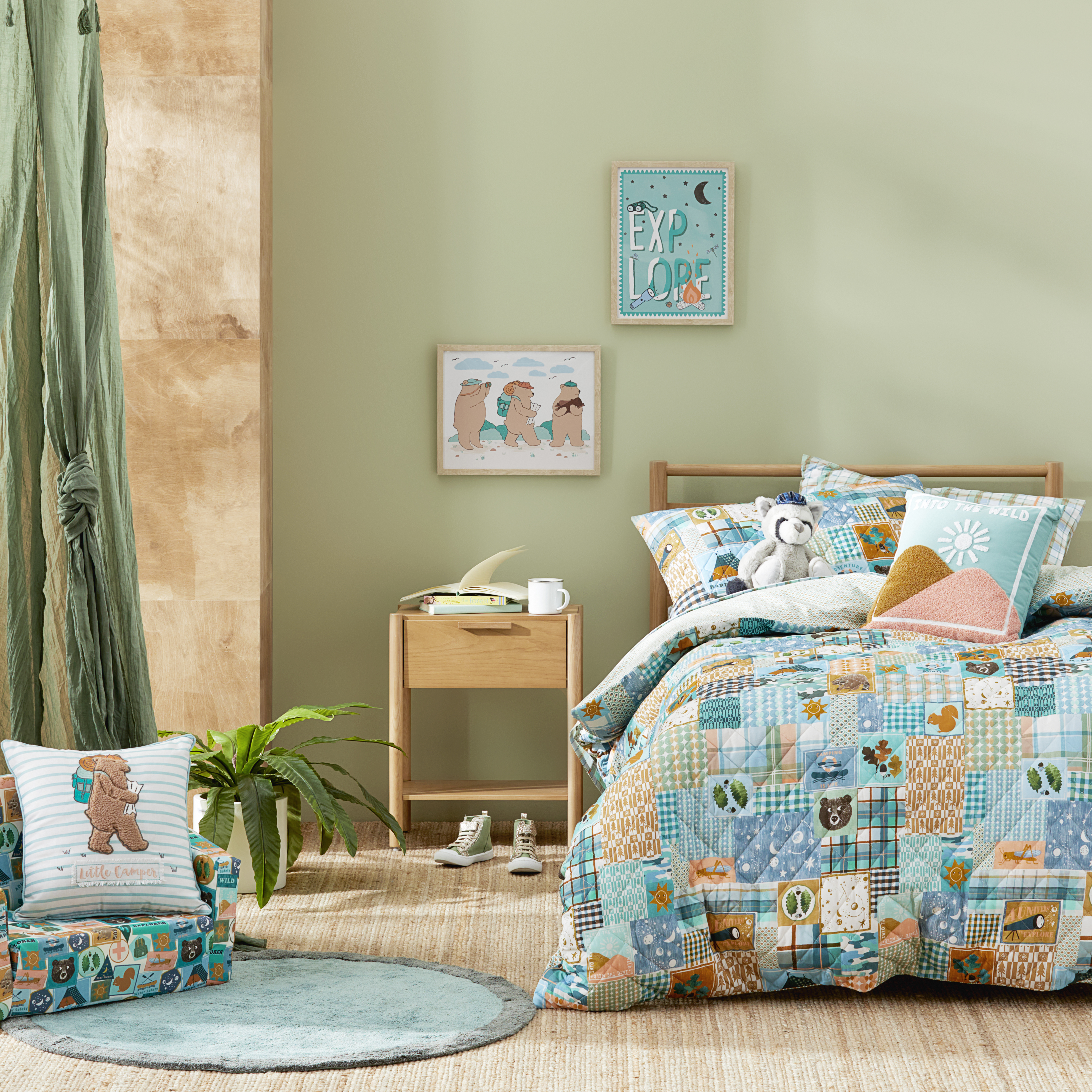 Adventure Awaits Patchwork Blue Green Quilted Quilt Cover Set