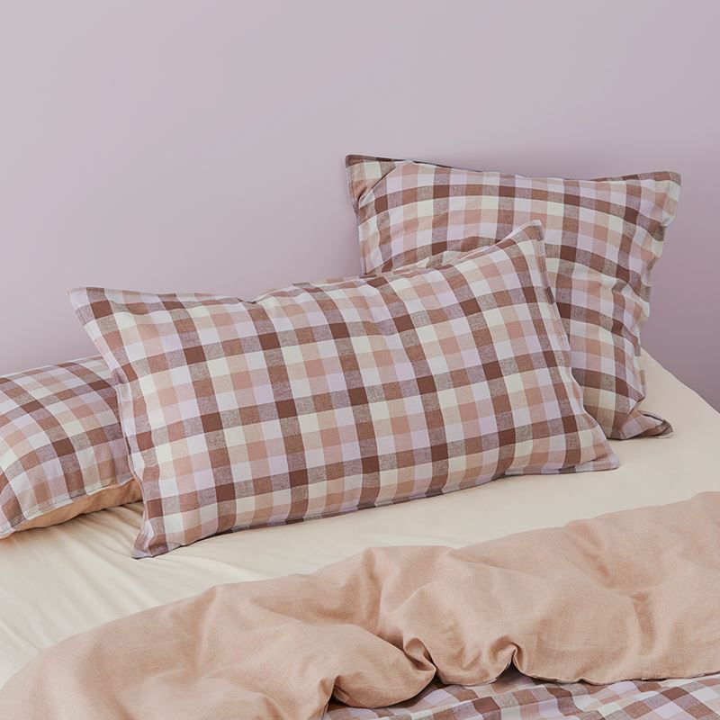 Vintage Washed Linen Cotton Mauve Check Quilt Cover Set + Separates