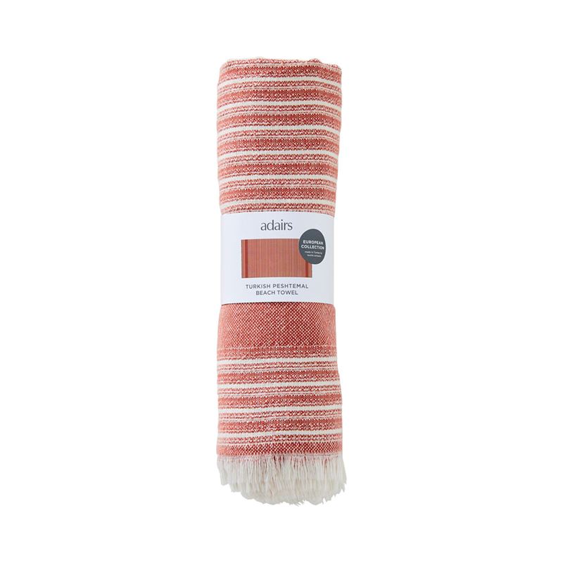 European Dusky Red & Natural Stripe Turkish Peshtemal Beach Towel