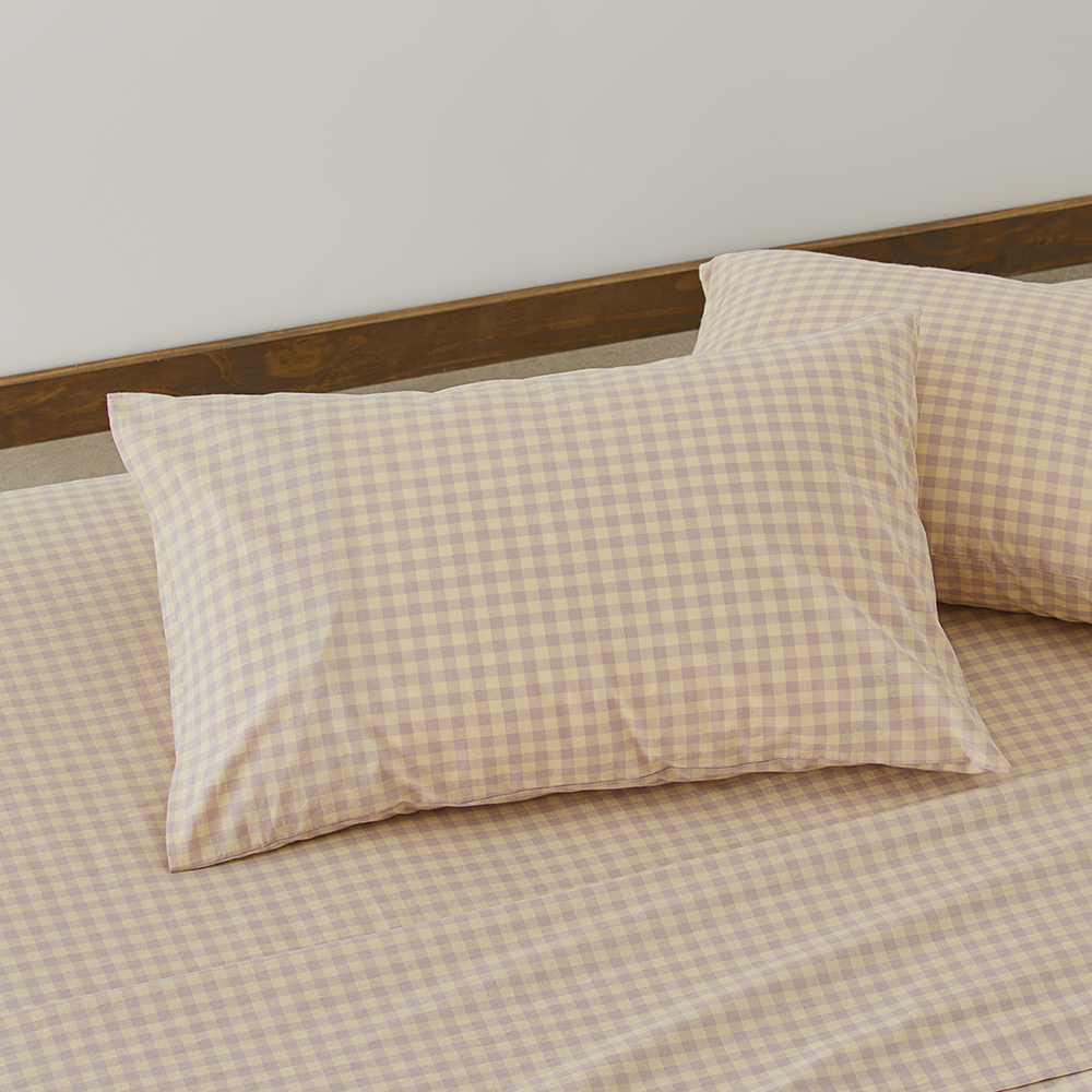 Stonewashed Cotton Printed Dusty Lemon Gingham Pillowcases