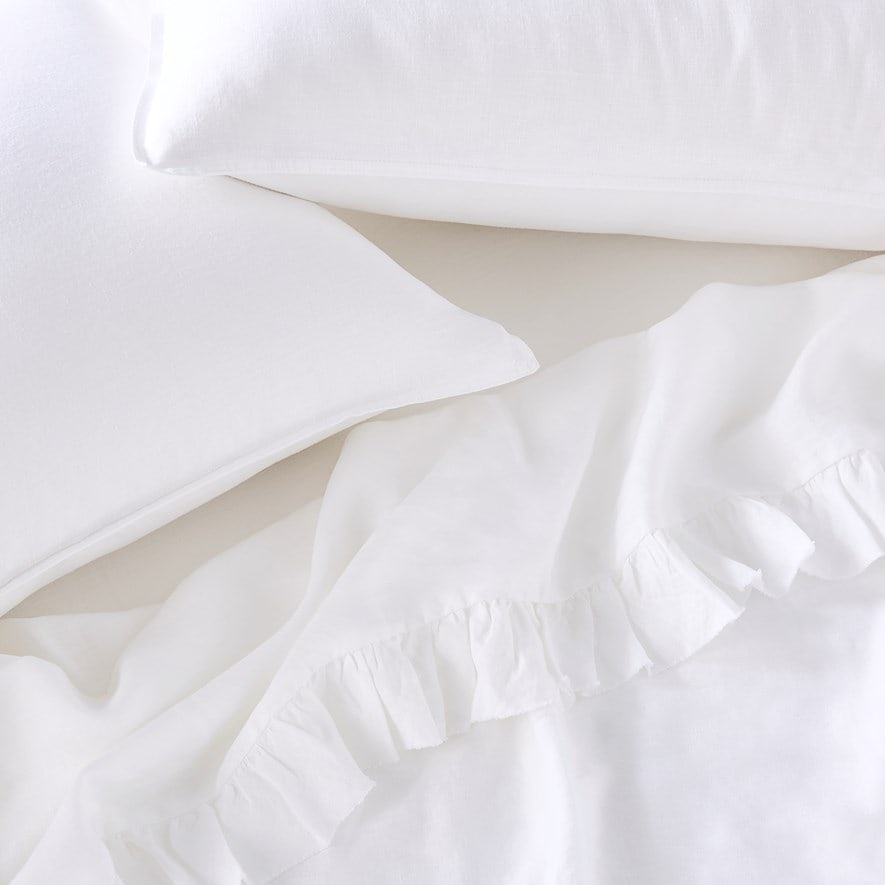 Vintage Washed Linen Ruffle White Flat Sheet