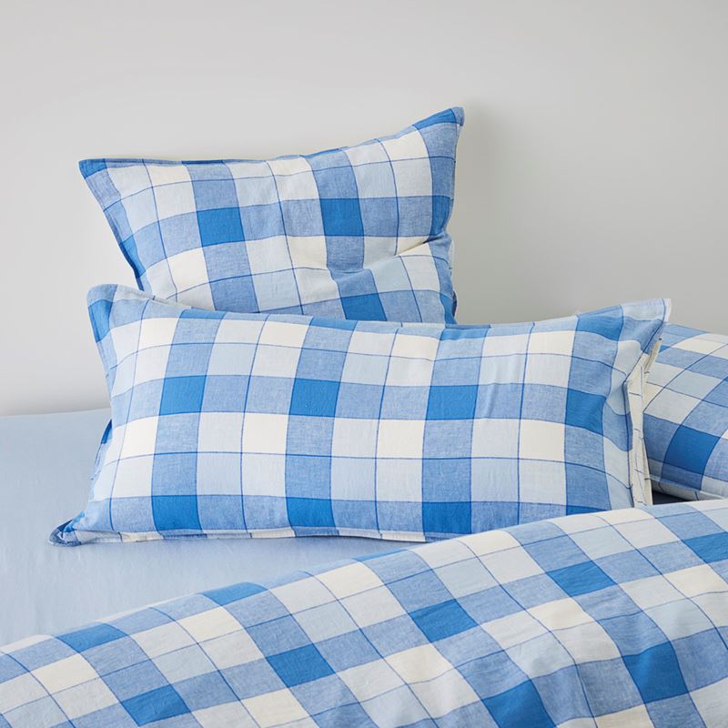 Vintage Washed Linen Cotton French Blue Check Quilt Cover Set + Separates