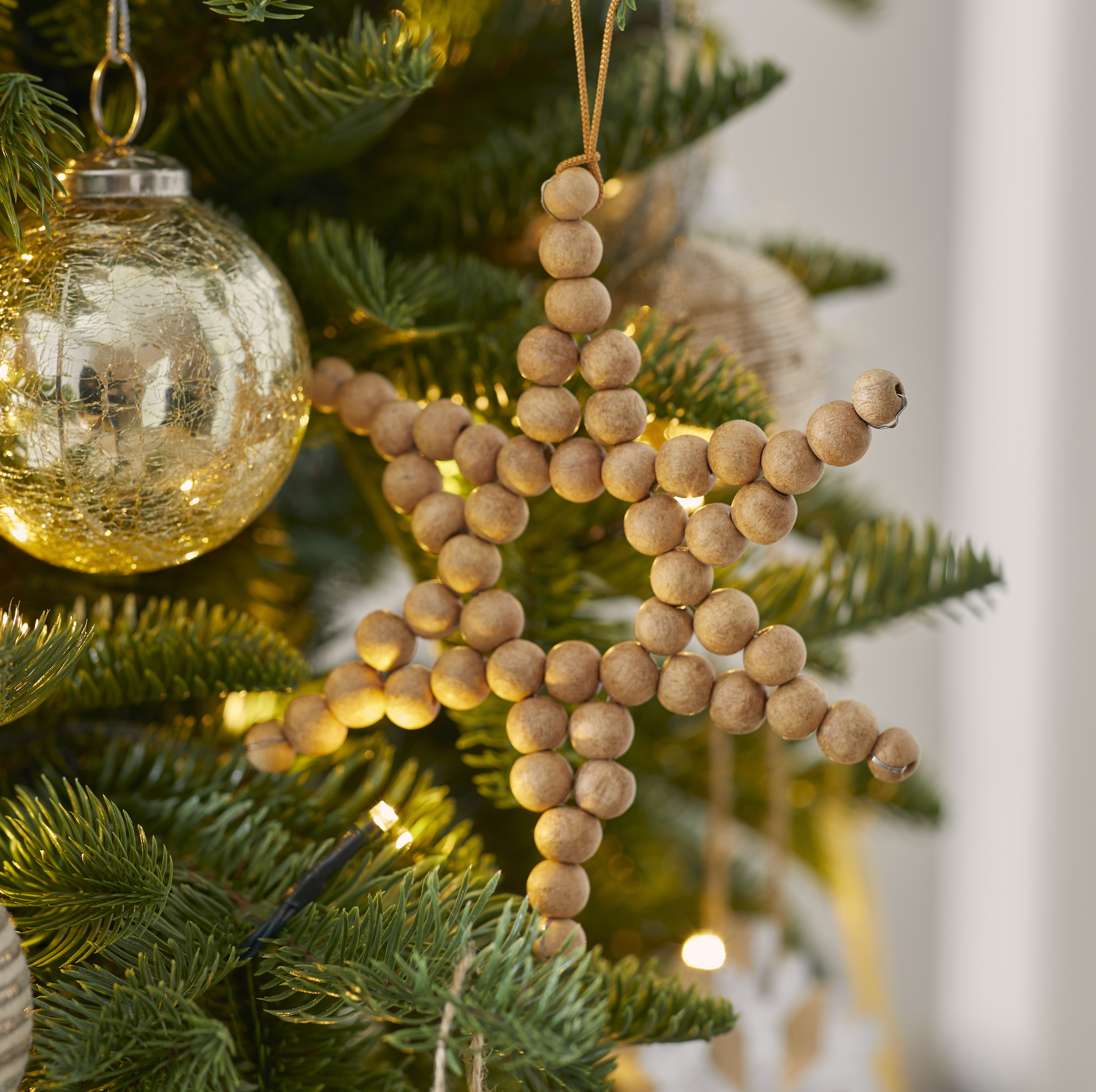 Beaded Natural Wooden 6 Point Star Ornament