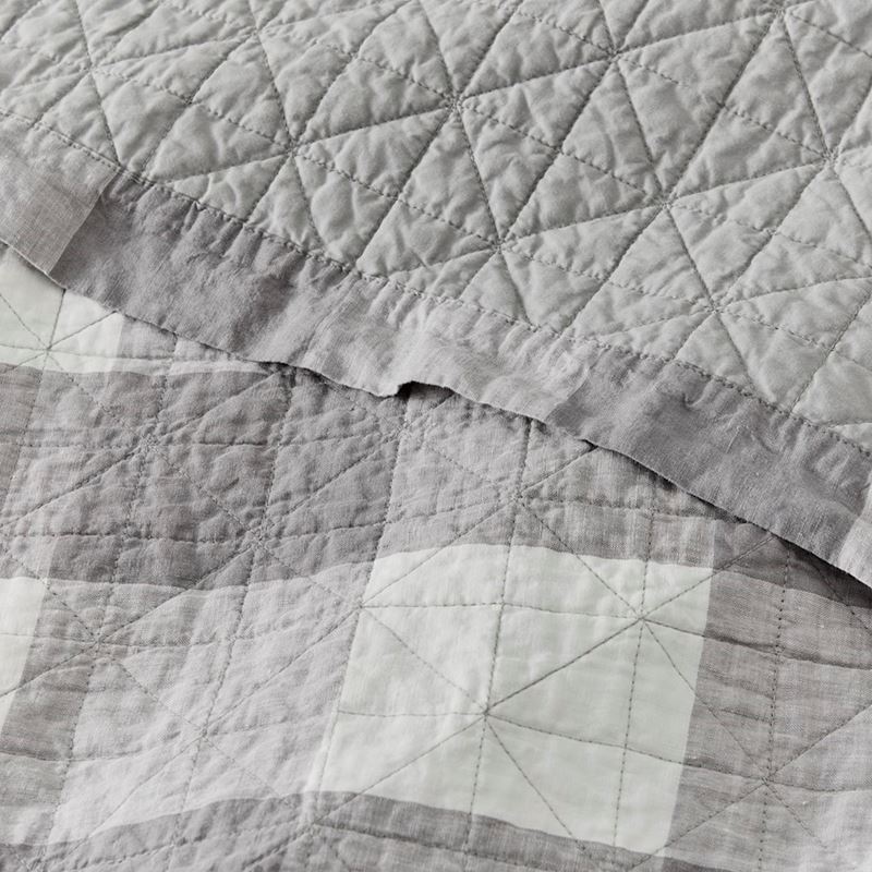 Vintage Washed Linen Large Grey Marle Check Quilted Coverlet Separates
