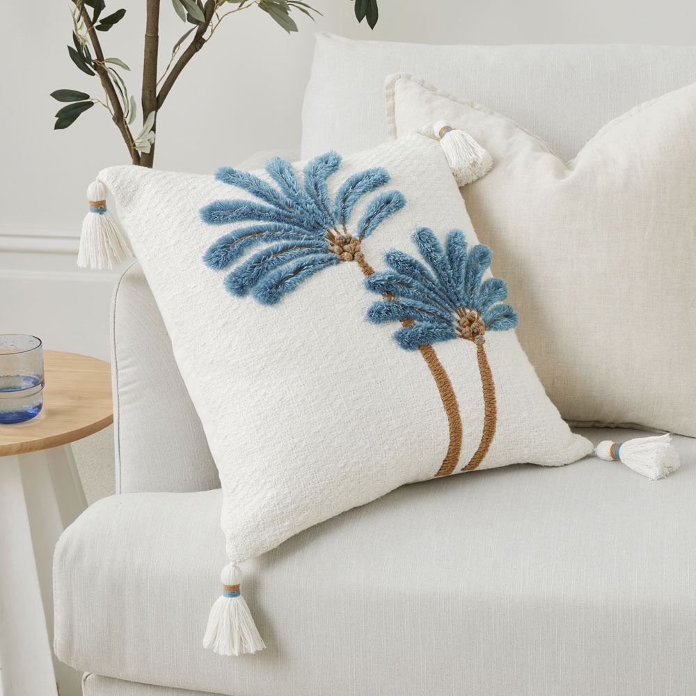 Falls Palm White and Blue Cushion