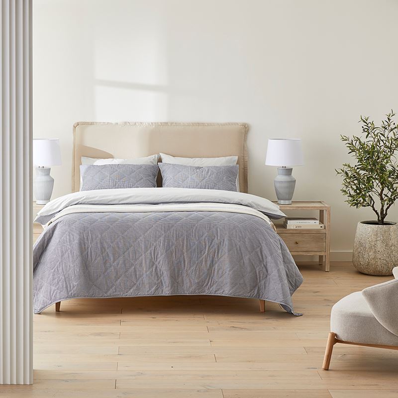 Stonewashed Cotton Printed Navy Stripe Quilted Coverlet Separates