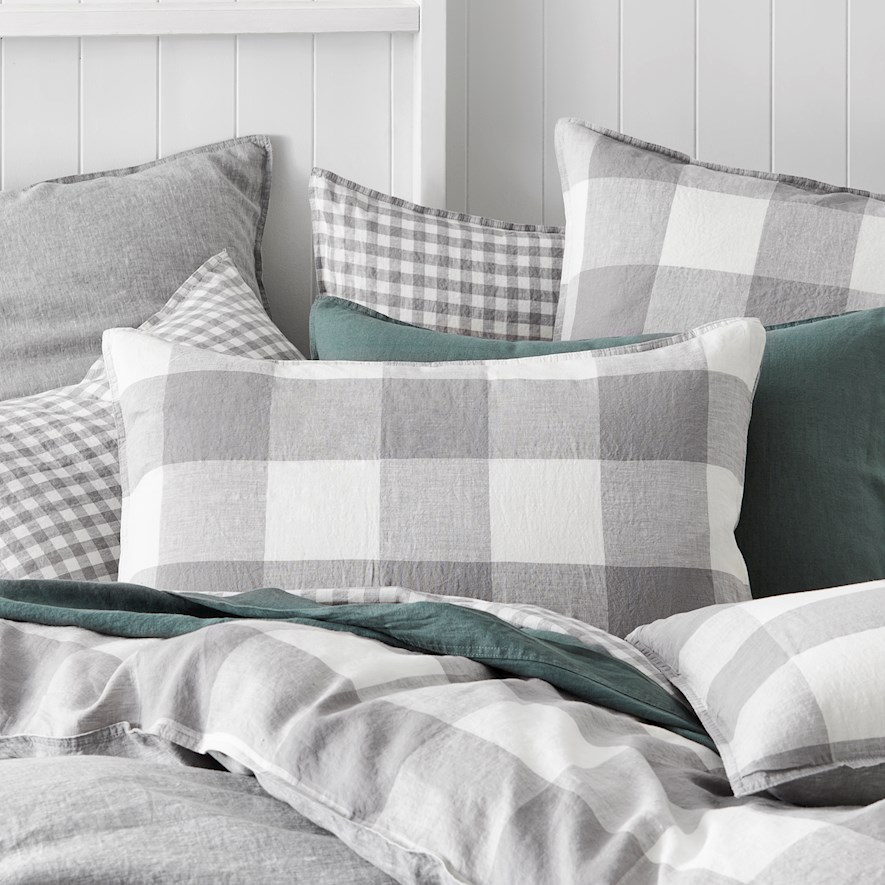 Vintage Washed Linen Grey Marle Check Pillowcase