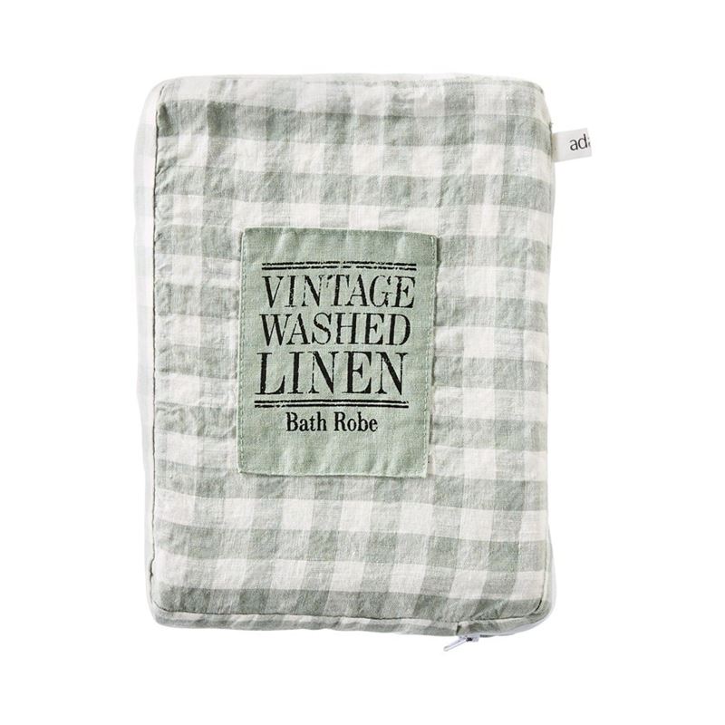Vintage Washed Linen Eucalyptus Check Robe