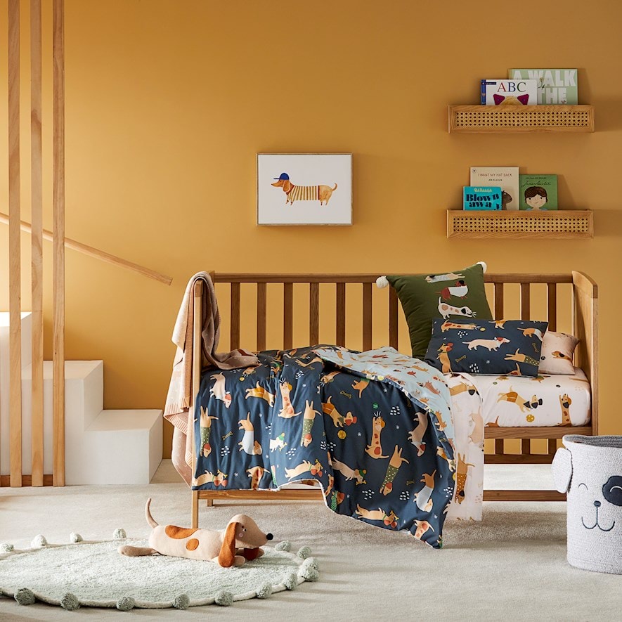 Playful Puppies Cot Navy Quilt Cover Set