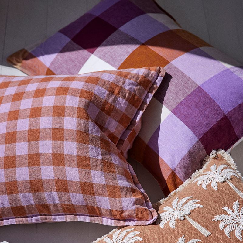 Belgian Check Vintage Washed Linen Lilac & Ginger Check Cushion