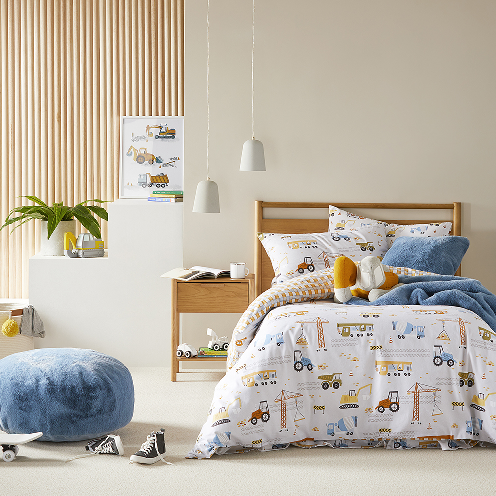 Construction Zone Natural Flannelette Quilt Cover Set