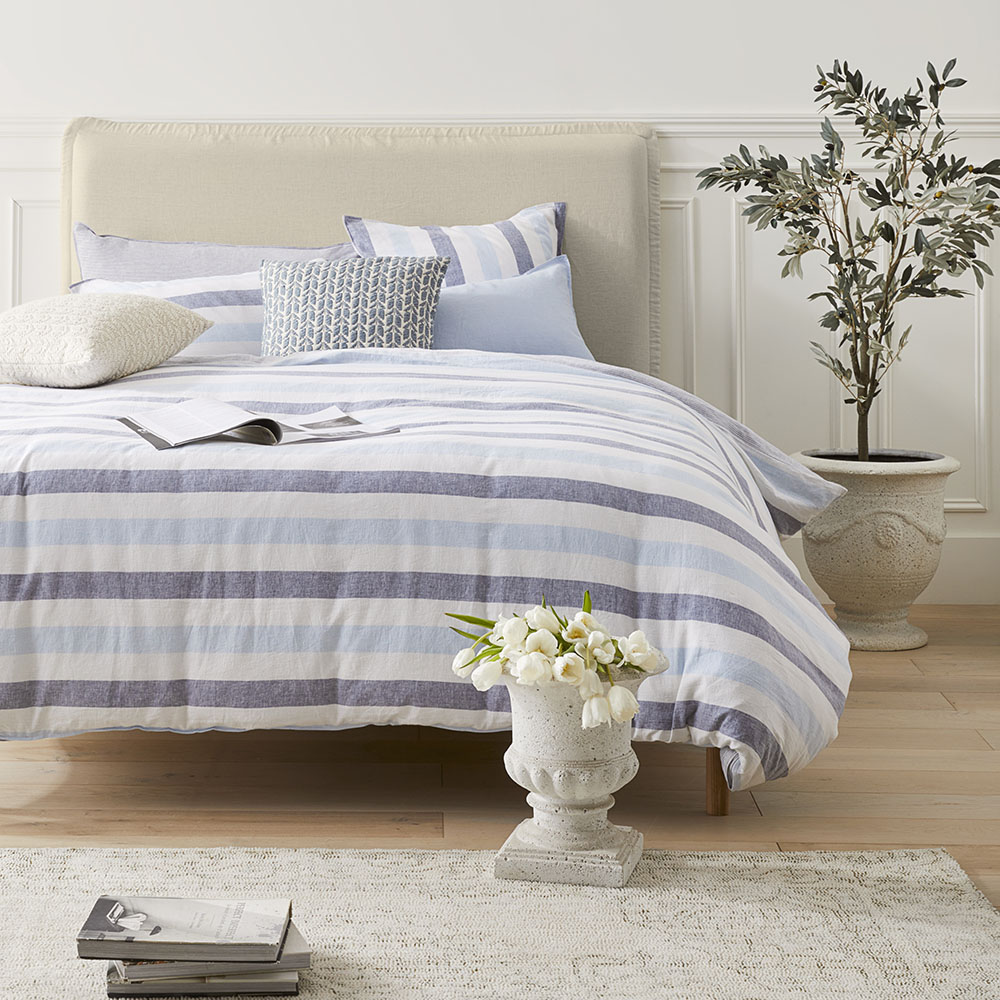 Vintage Washed Linen Cotton Atlantic Stripe Blue Quilt Cover Set + Separates