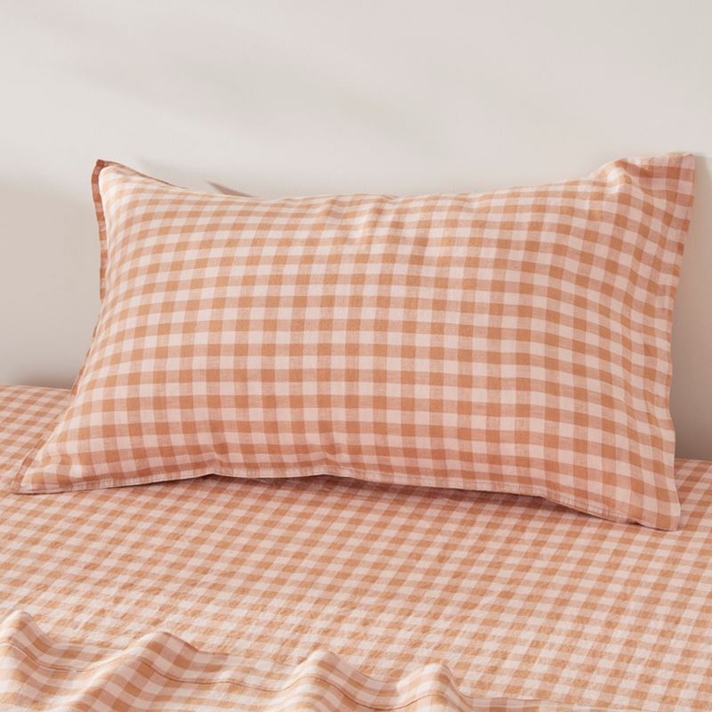 Vintage Washed Linen Caramel & Pink Check Sheet Separates