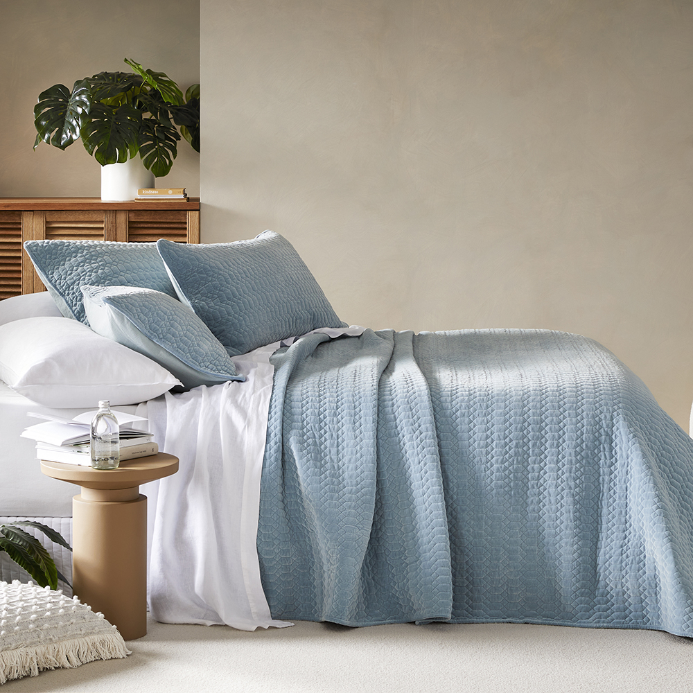 Milan Soft Blue Velvet Quilted Coverlet Separates