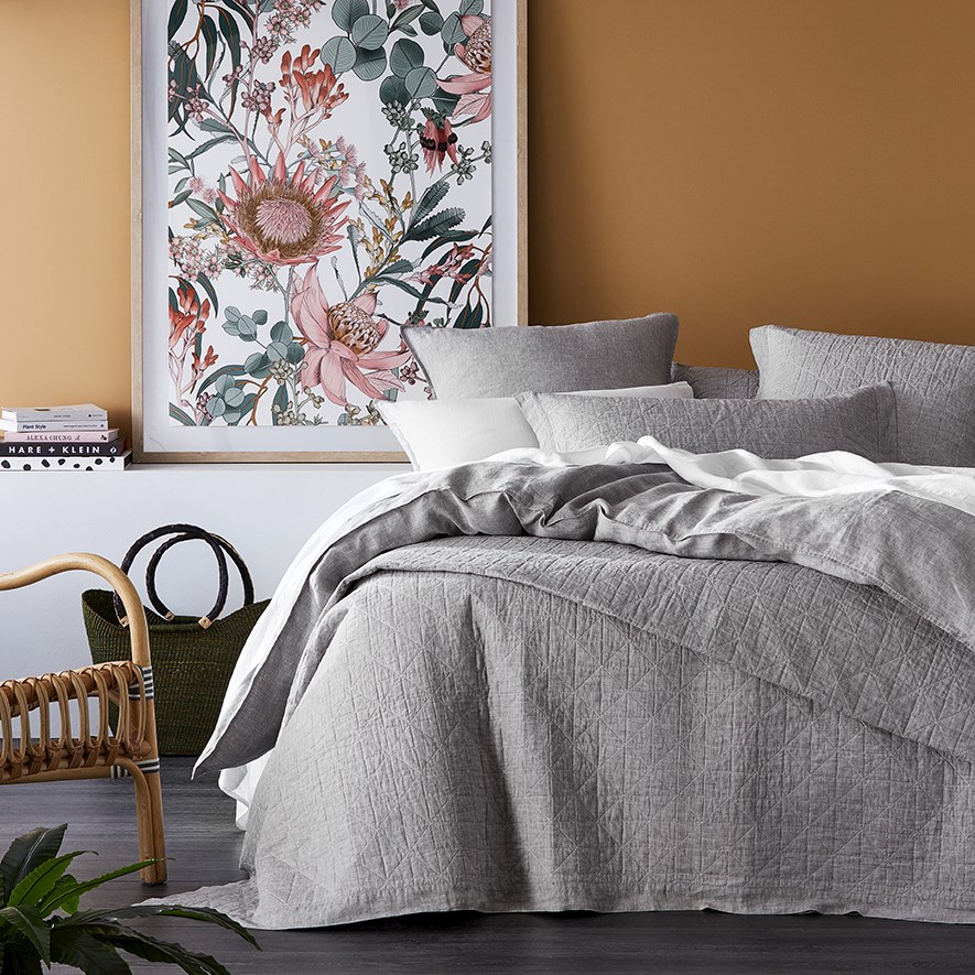 Vintage Washed Linen Grey Marle Quilted Coverlet Separates