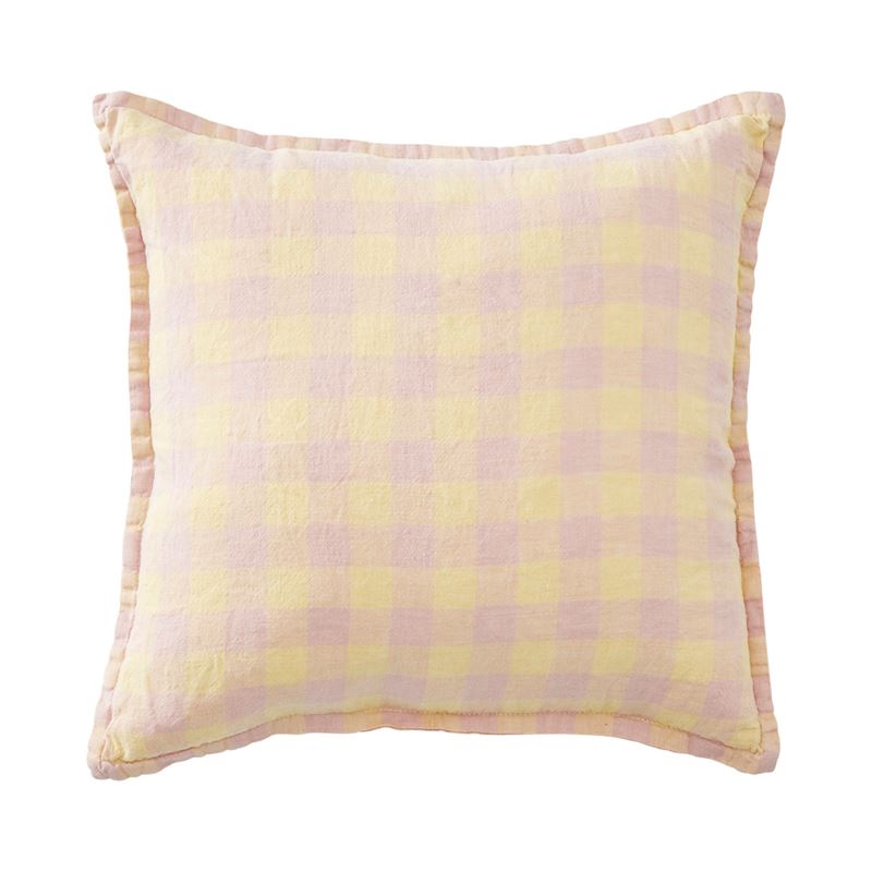 Belgian Nude Pink & Limoncello Check Vintage Washed Linen Cushion