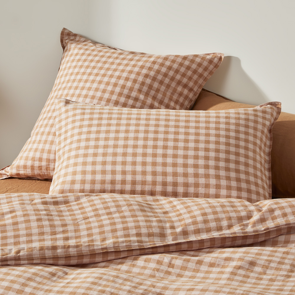 Vintage Washed Linen Caramel & Pink Check Pillowcases