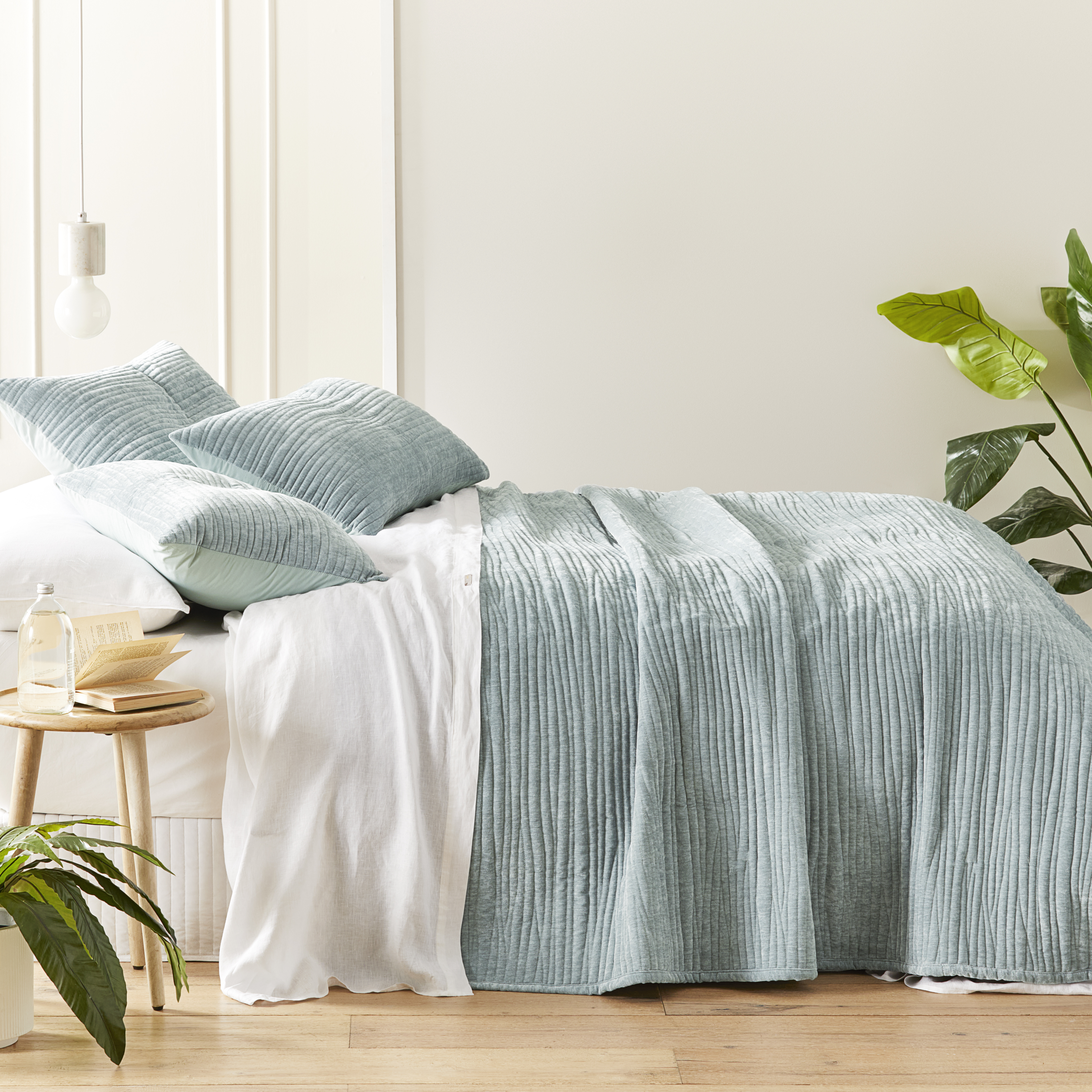 Mira Velvet Blue Grey Quilted Coverlet Separates