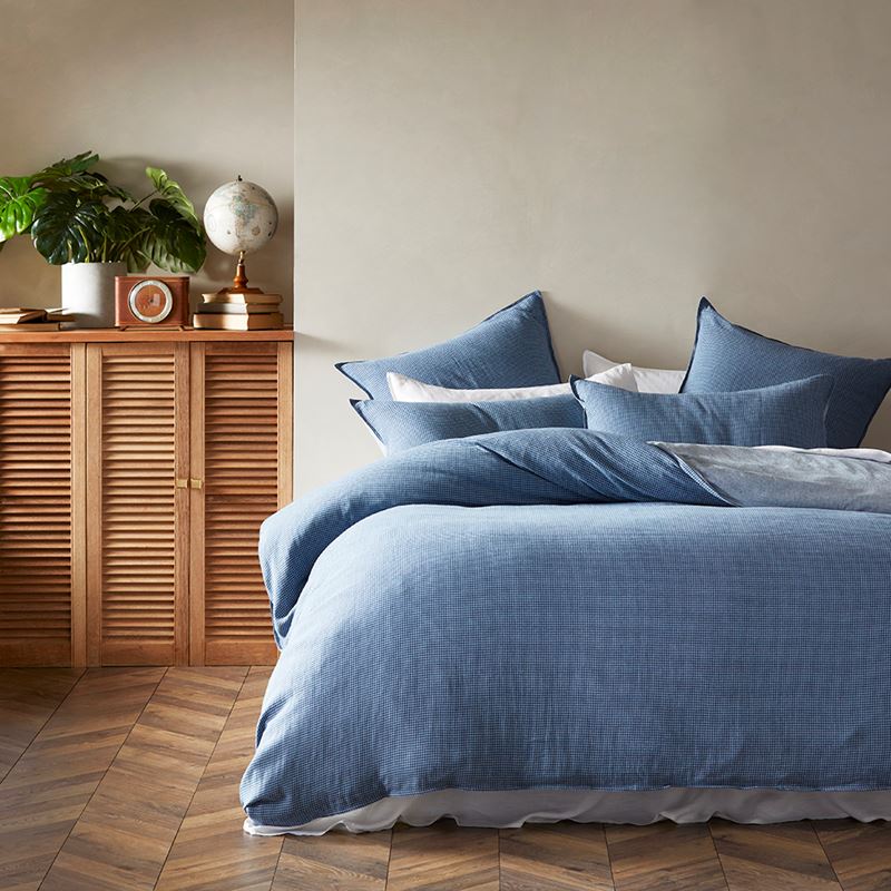 Vintage Washed Linen Cotton Storm Blue Houndstooth Pillowcases