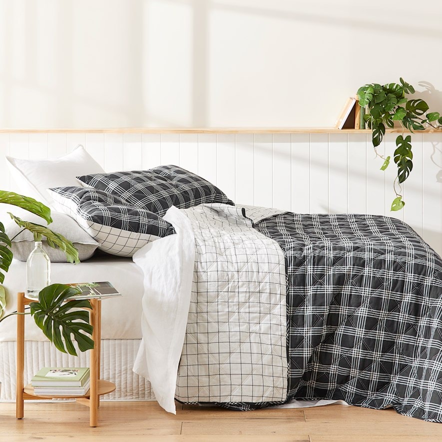 Stonewashed Cotton Printed Black Checkerboard Quilted Coverlet + Pillowcases