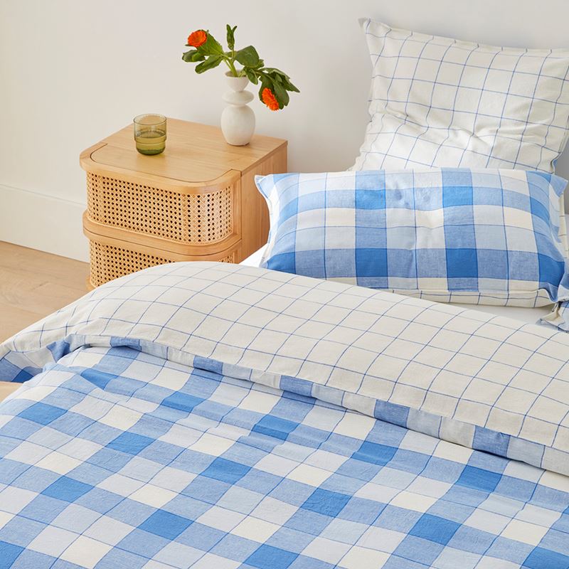 Vintage Washed Linen Cotton French Blue Check Quilt Cover Set + Separates