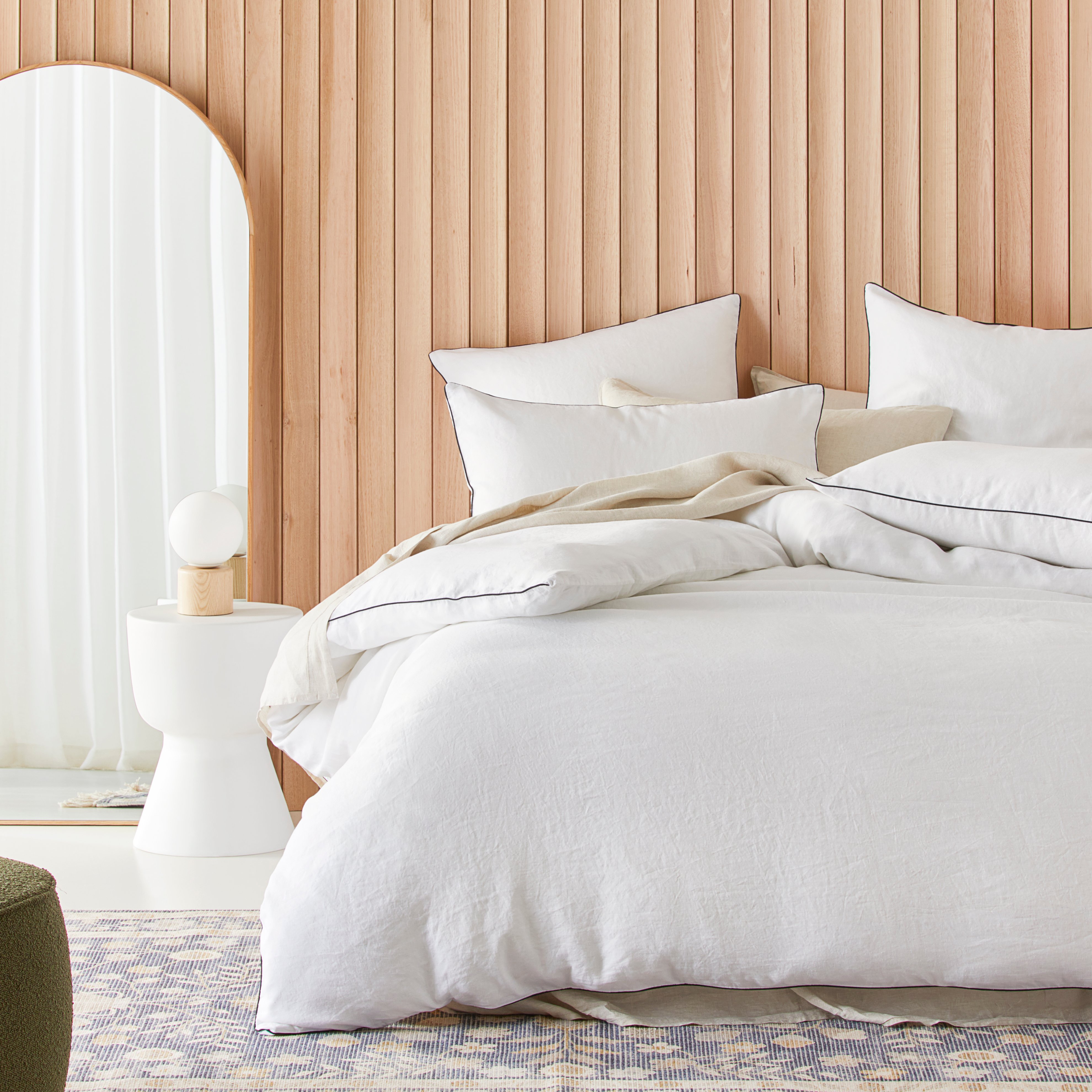 Vintage Washed Linen White & Onyx Pipping Quilt Cover Separates