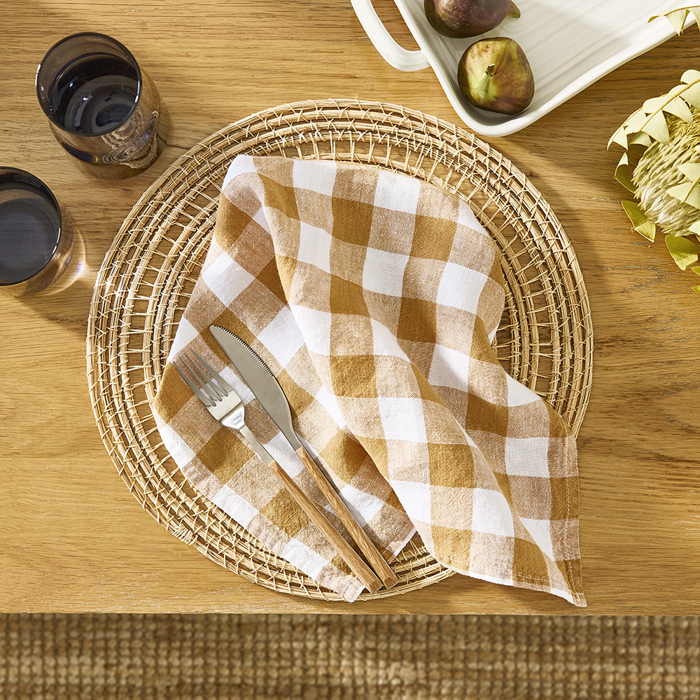 Belgian Vintage Washed Linen Tobacco & White Check Napkins Pack of 2