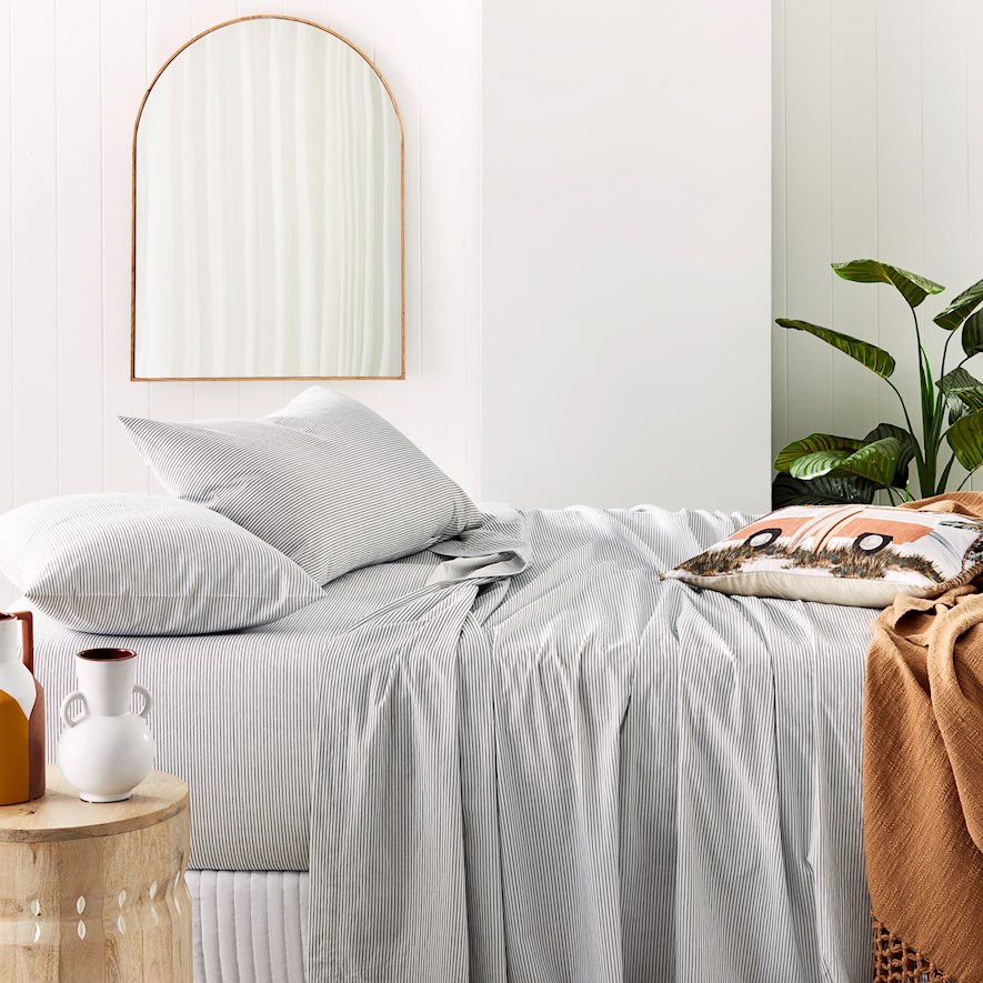 Stonewashed Printed Cotton Navy Stripe Sheet Set