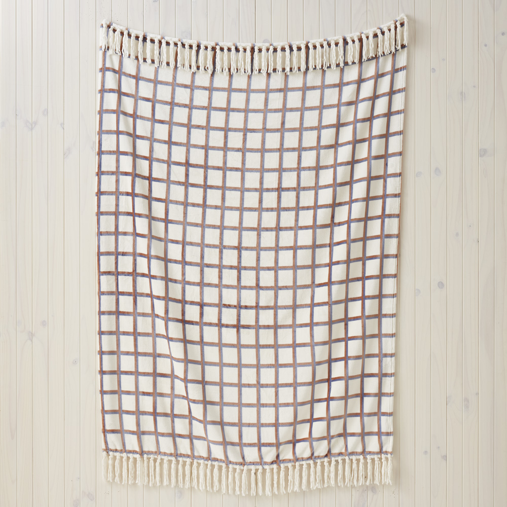 Aspen Blue & Brown Grid Fleece Tassel Print Throw