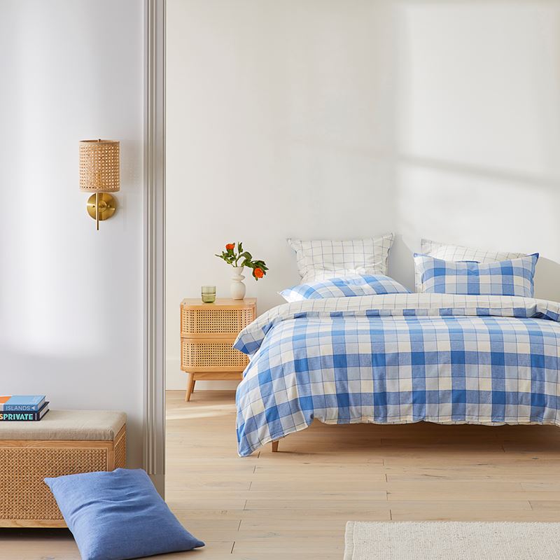 Vintage Washed Linen Cotton French Blue Check Quilt Cover Set + Separates