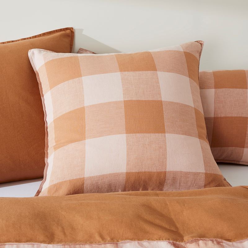 Vintage Washed Linen Large Caramel & Pink Check Quilt Cover Separates