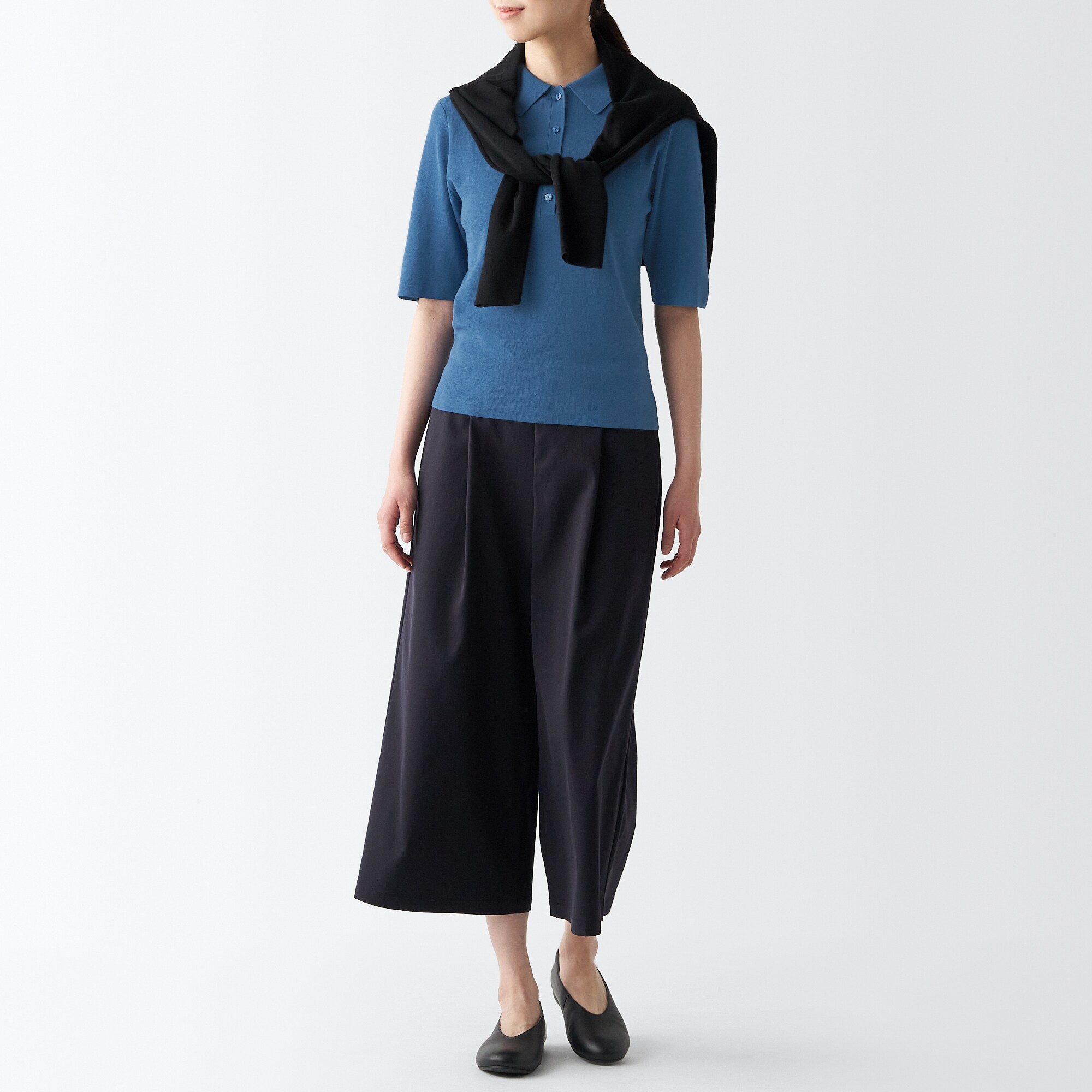 ＵＶカットリブ編み五分袖ポロセーター