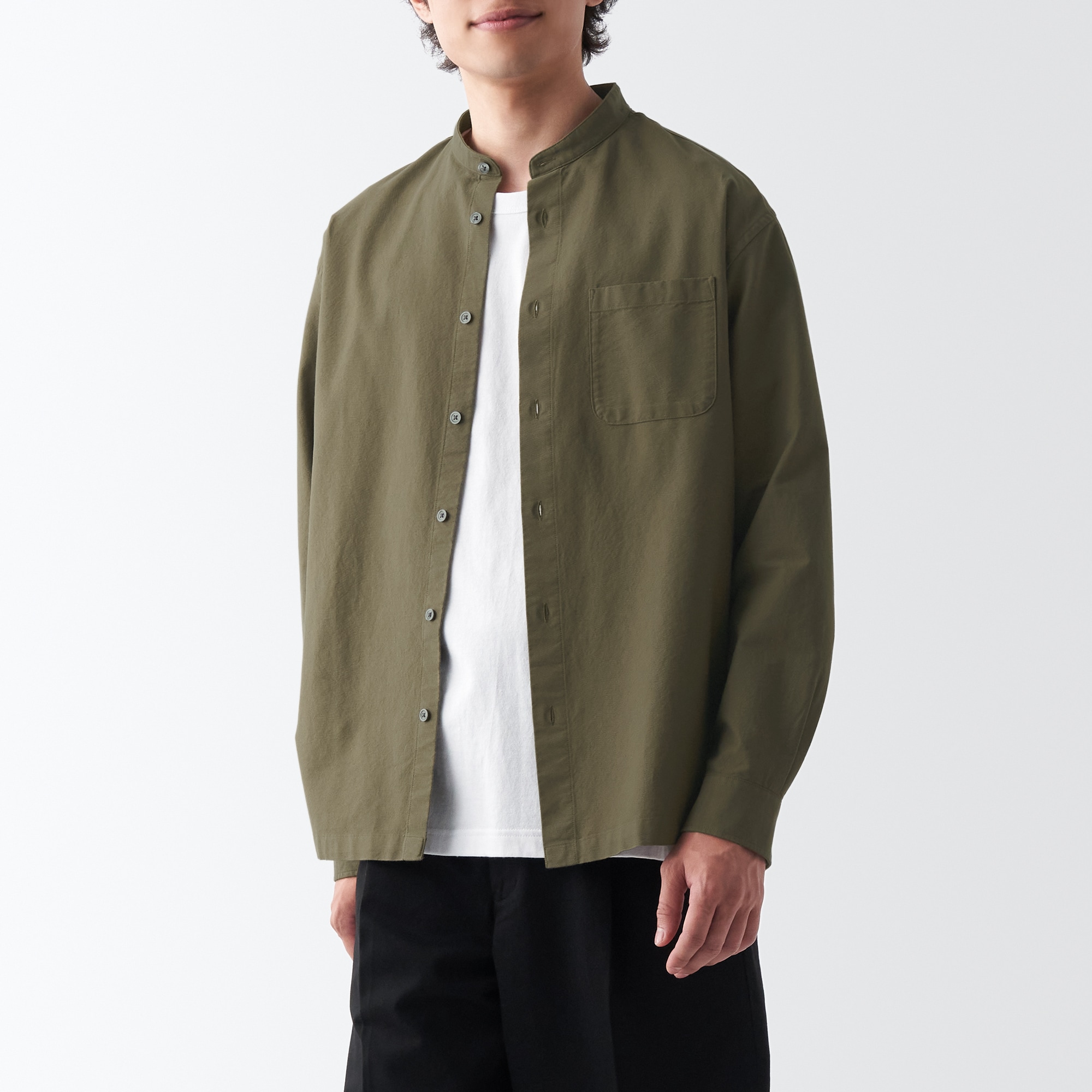 洗いざらしオックススタンドカラー長袖シャツ