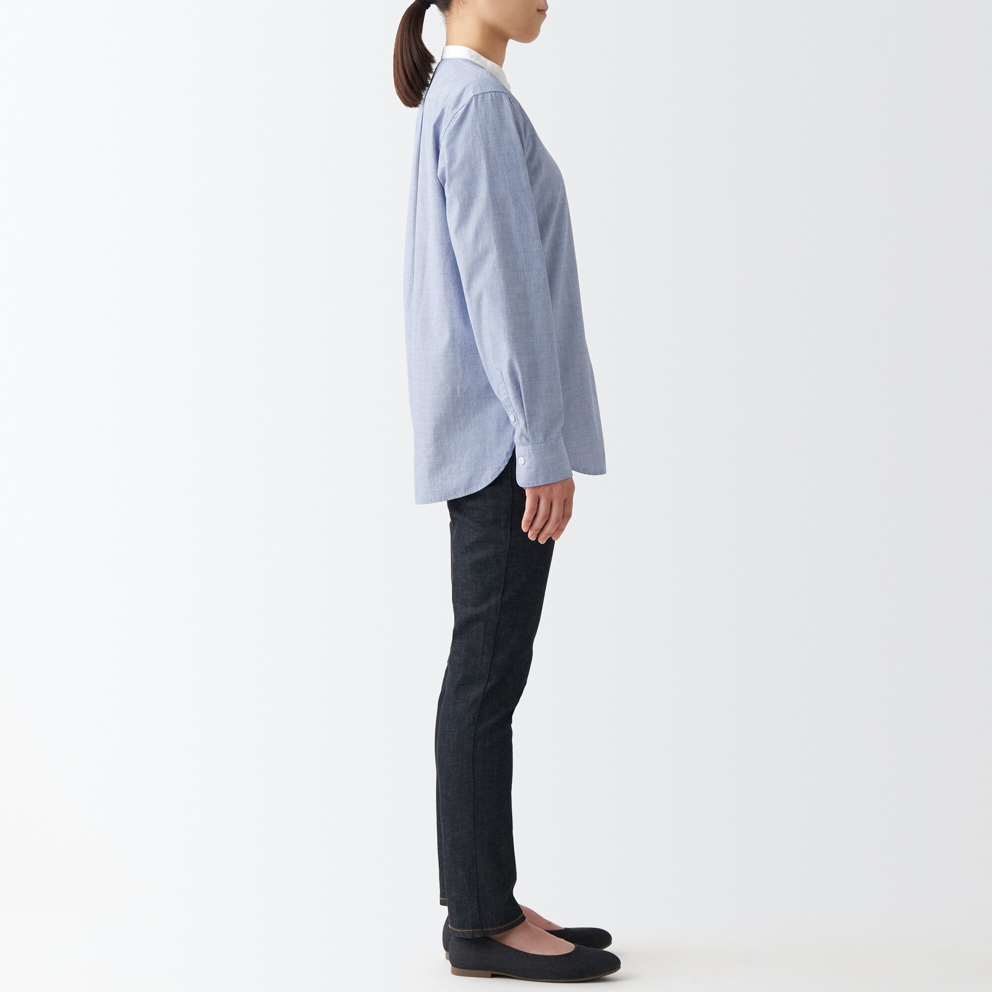 洗いざらしブロードスタンドカラー長袖シャツ