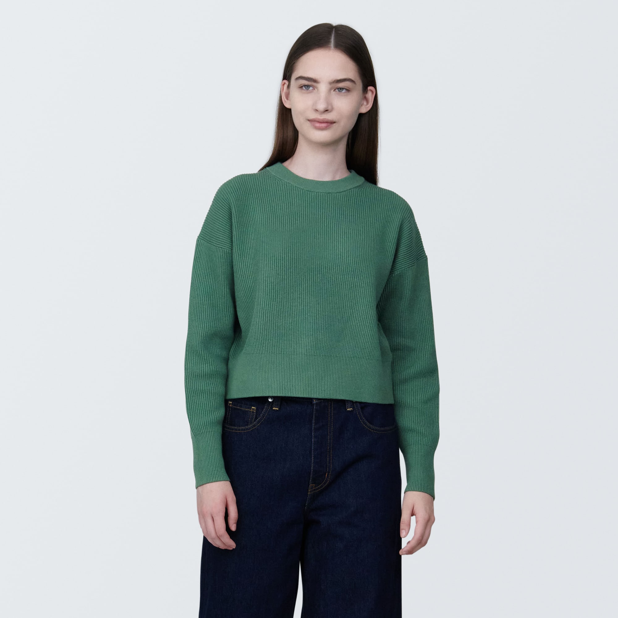 婦人　洗える畦編みショート丈クルーネックセーター