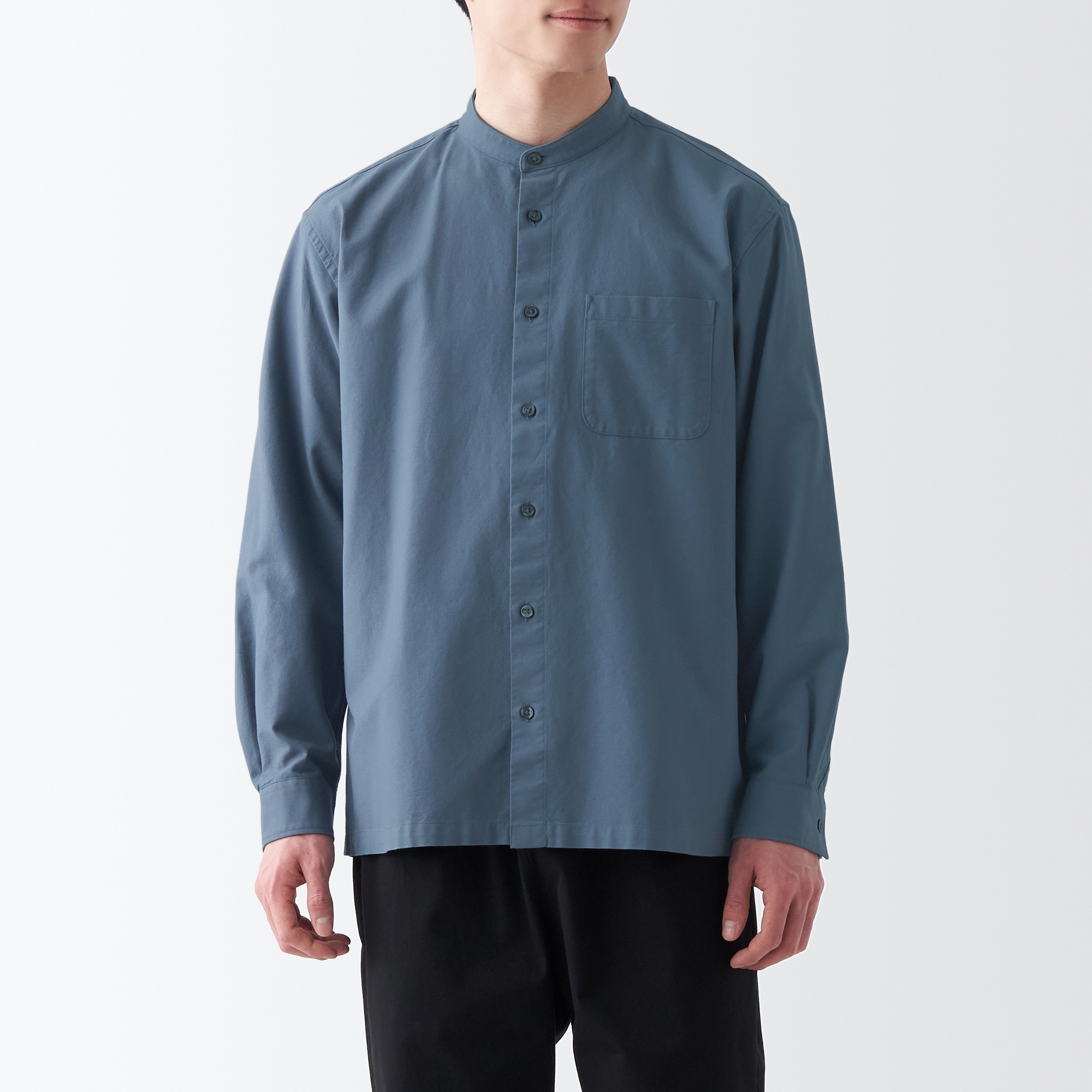 洗いざらしオックススタンドカラー長袖シャツ