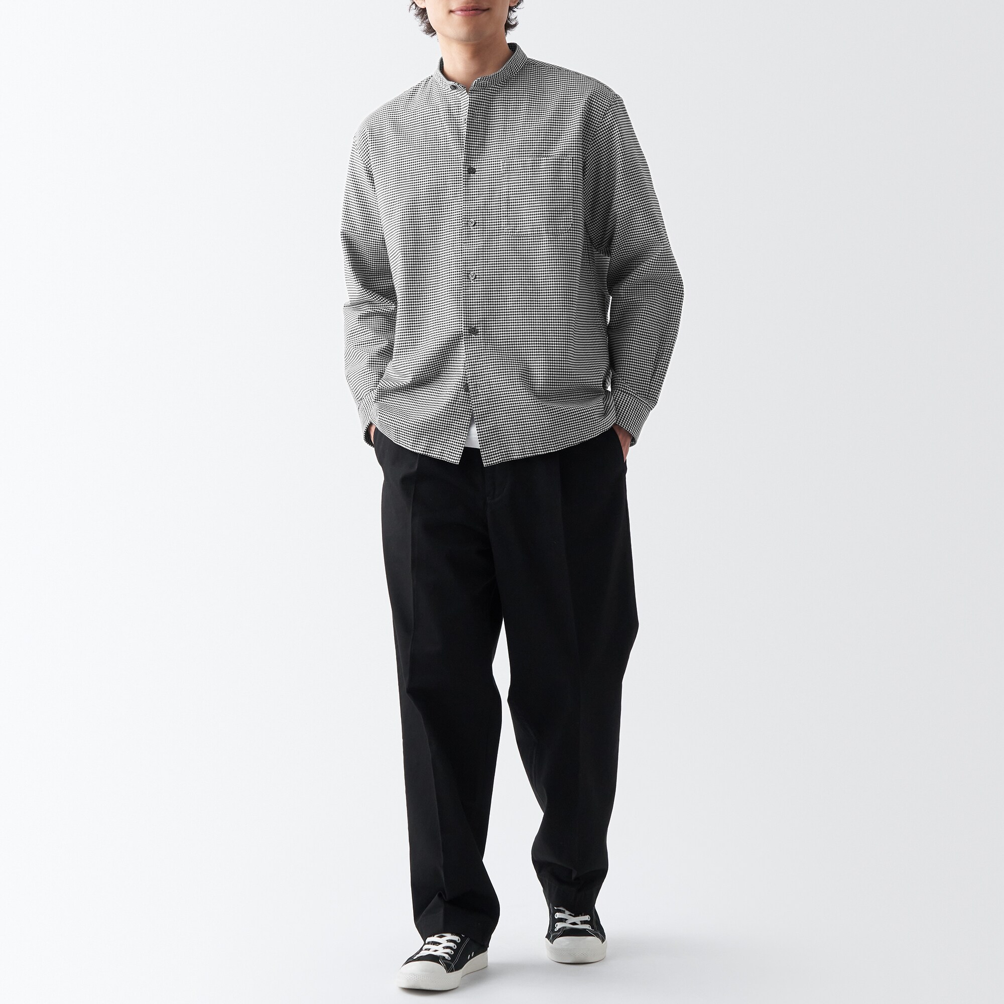 洗いざらしオックススタンドカラー長袖シャツ