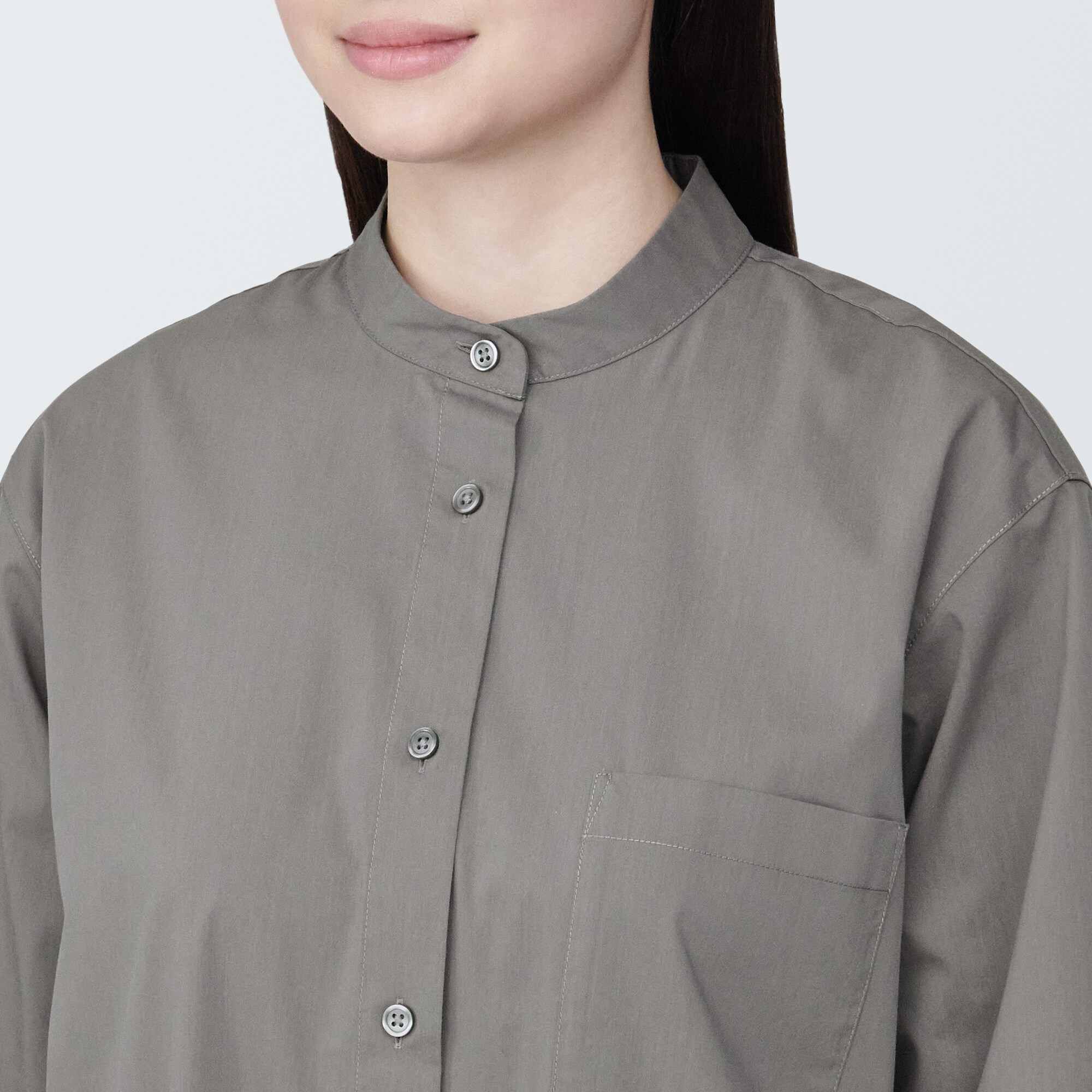 婦人　シワになりにくい　ブロードスタンドカラー長袖ワンピース