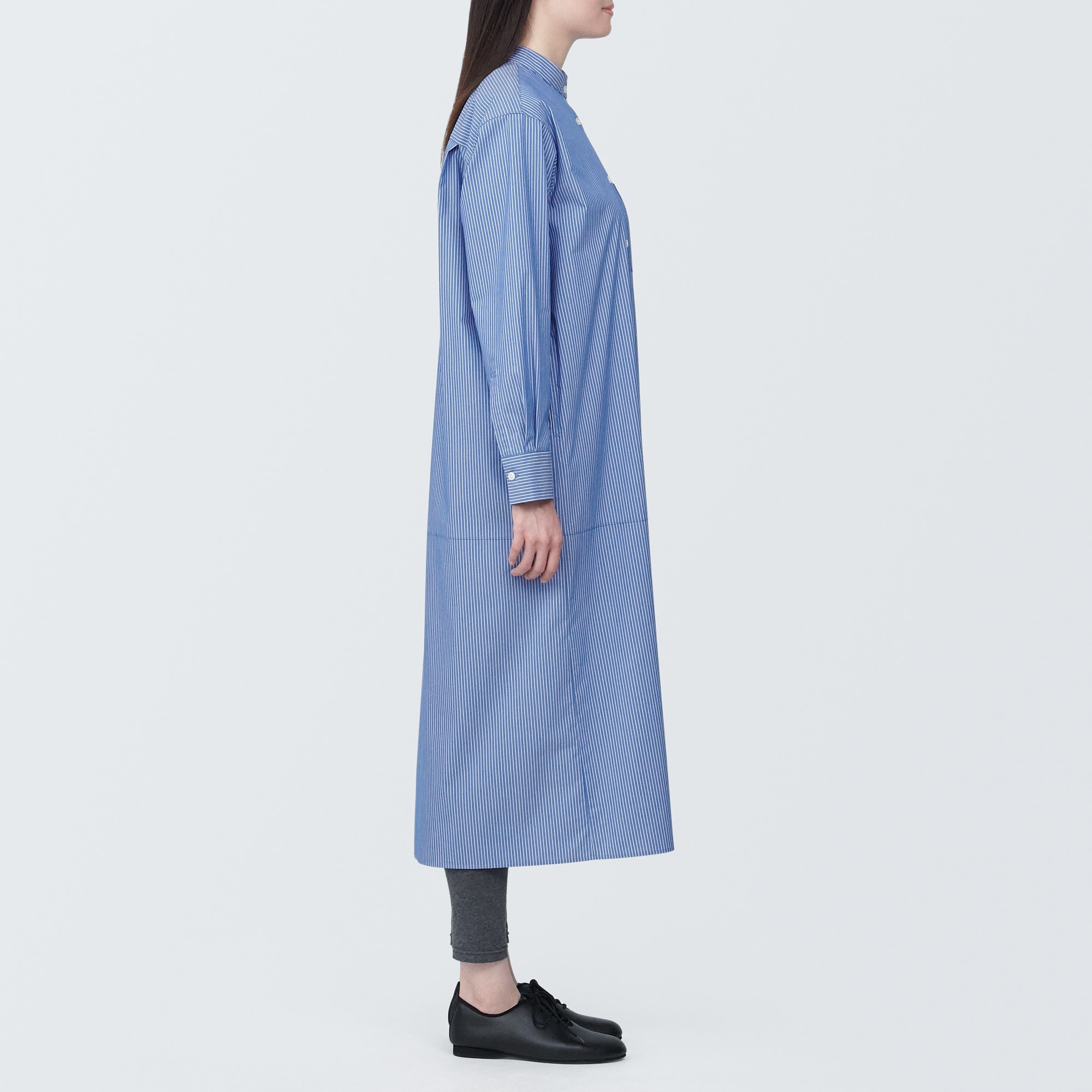 婦人　シワになりにくい　ブロードスタンドカラー長袖ワンピース