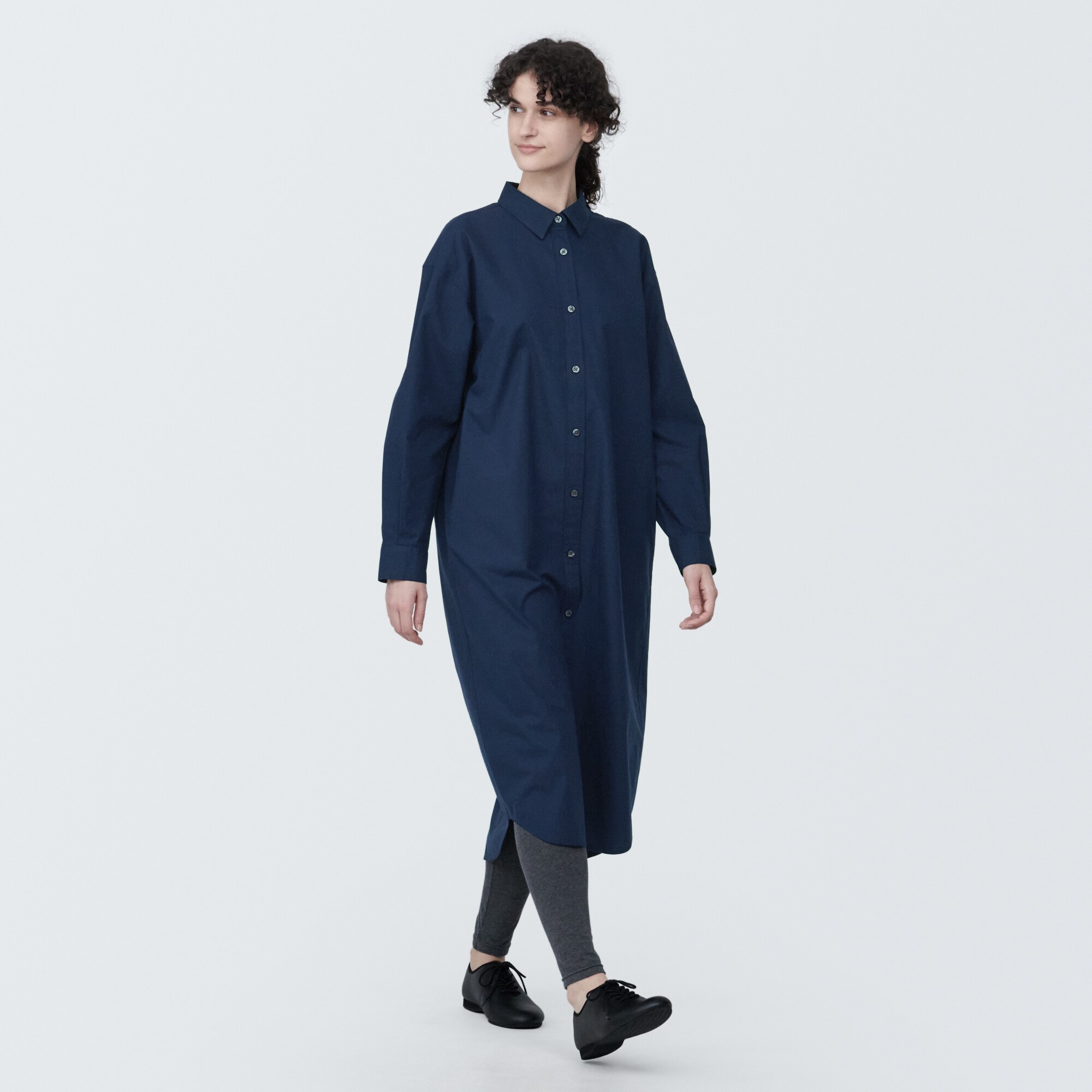 婦人　洗いざらし　ブロードレギュラーカラー長袖ワンピース