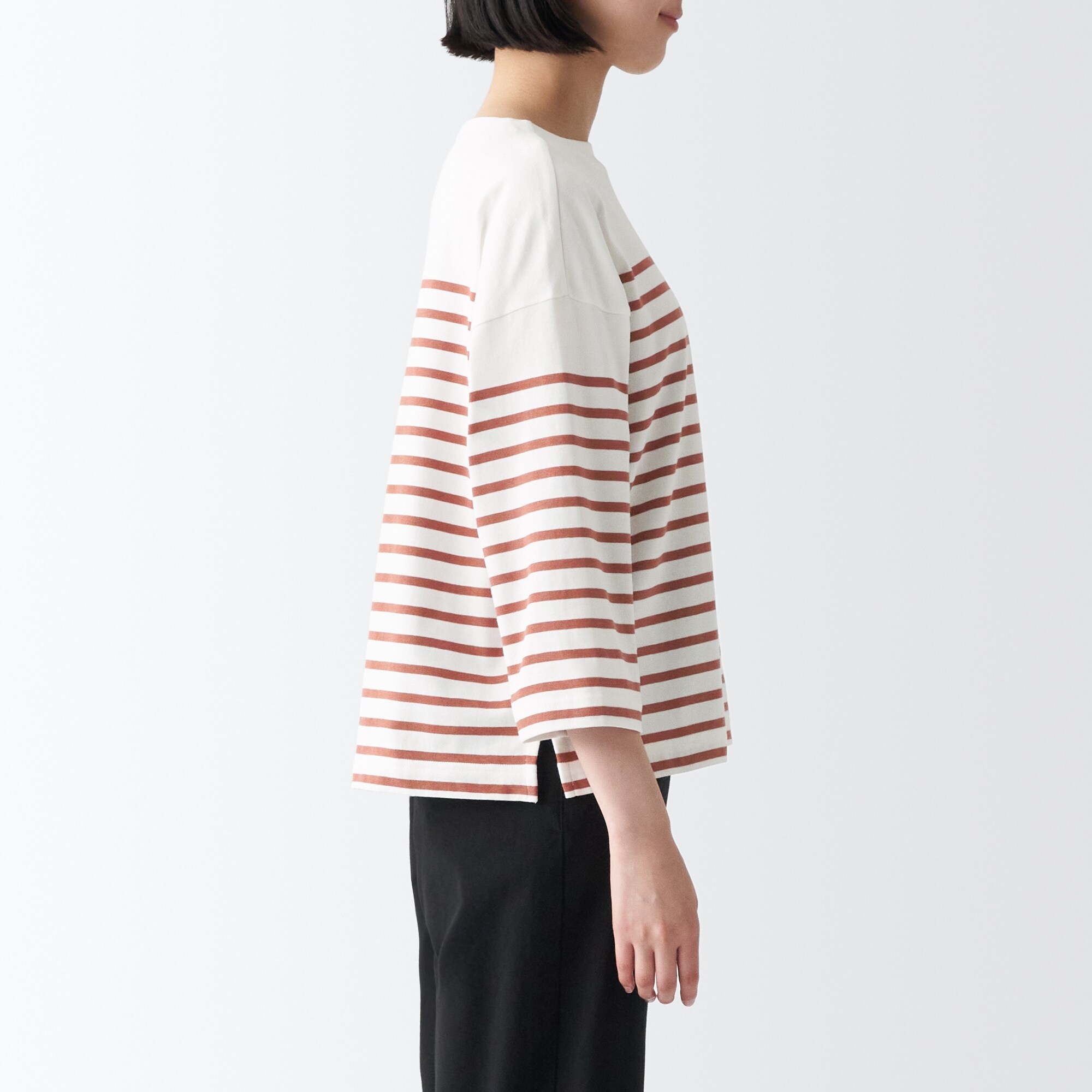 太番手ボートネック七分袖Ｔシャツ