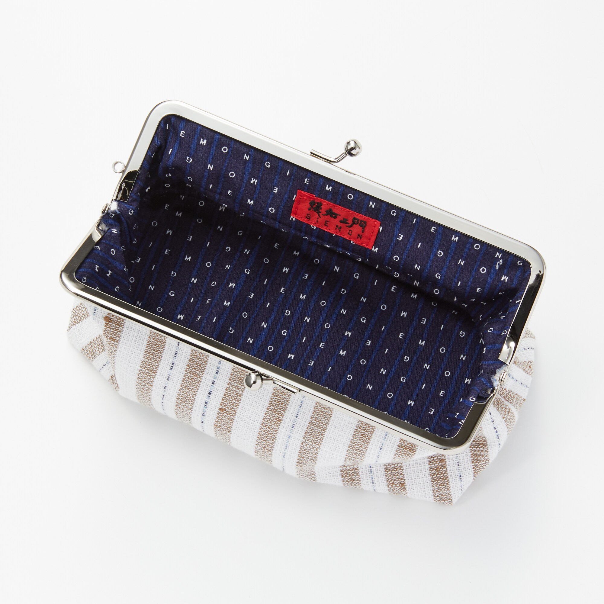 久留米絣　がま口ポーチ　白・ベージュストライプ