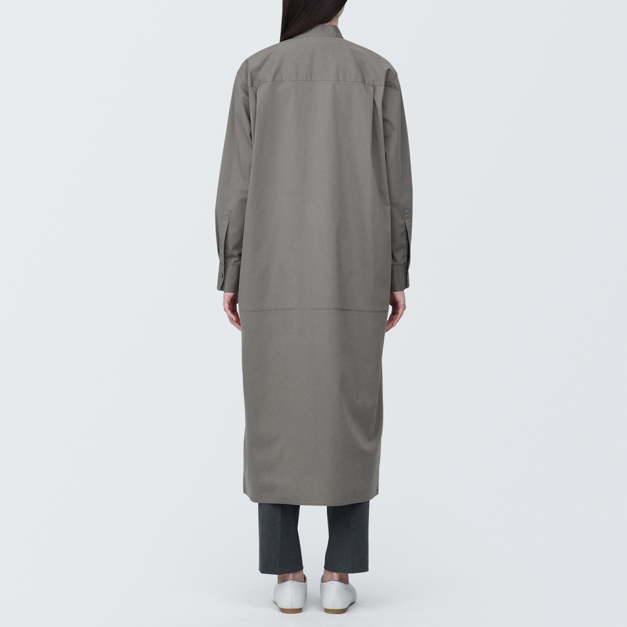 婦人　シワになりにくい　ブロードスタンドカラー長袖ワンピース