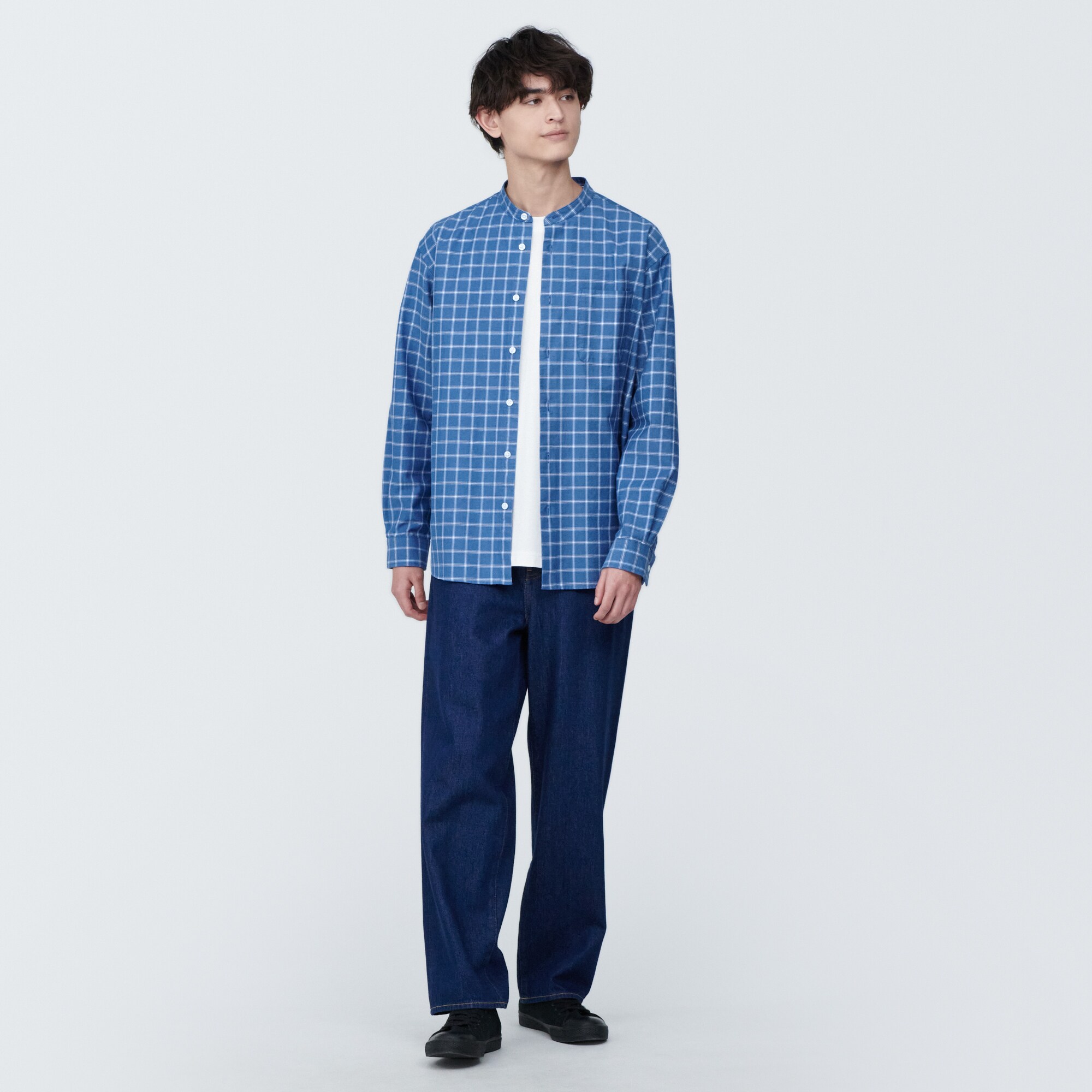 紳士　洗いざらしオックススタンドカラー長袖シャツ