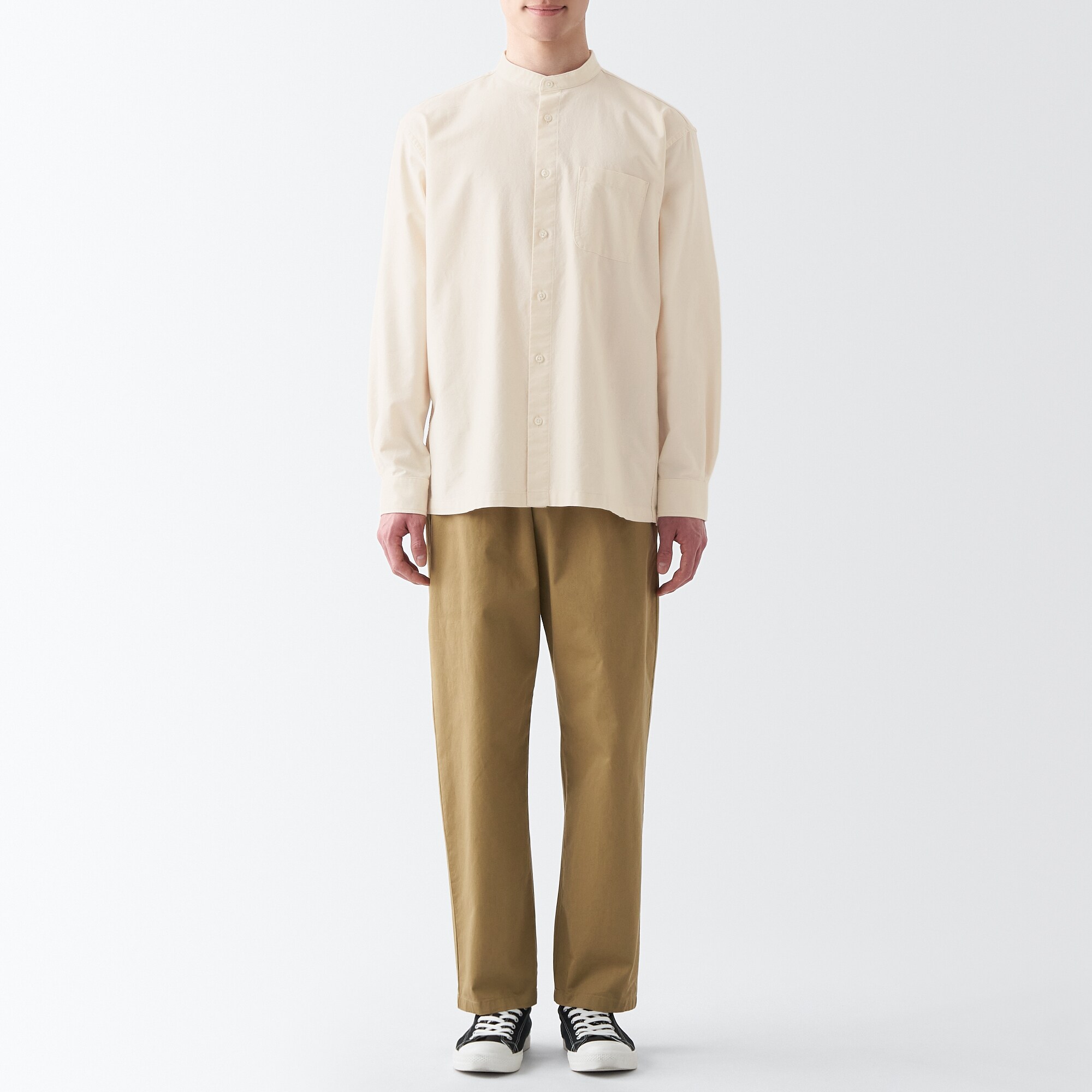 洗いざらしオックススタンドカラー長袖シャツ